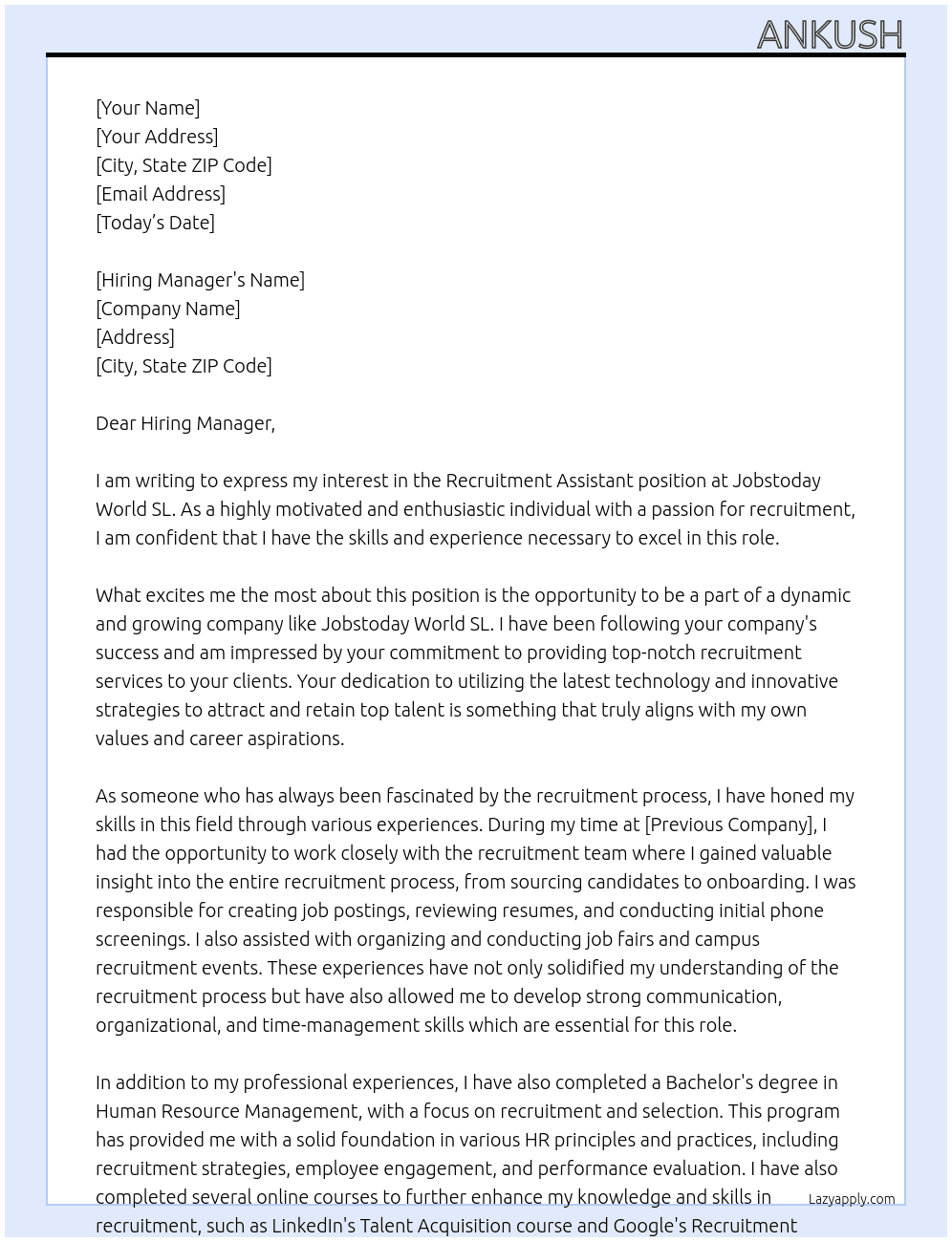 Recruitment Assistant At Jobstoday World SL Cover Letter