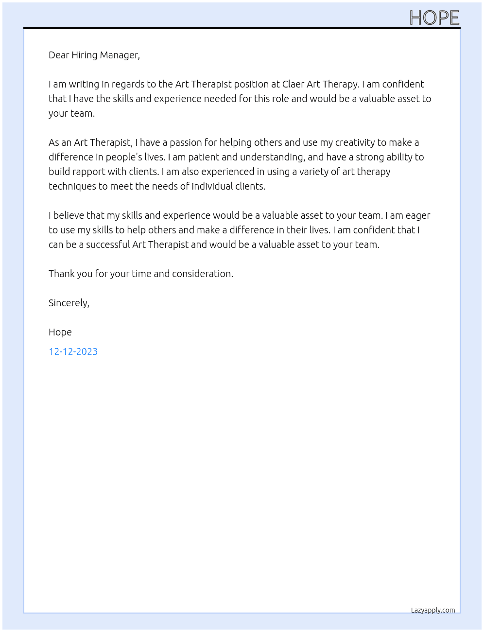 ART THERAPIST At CLAER ART THERAPY Cover Letter