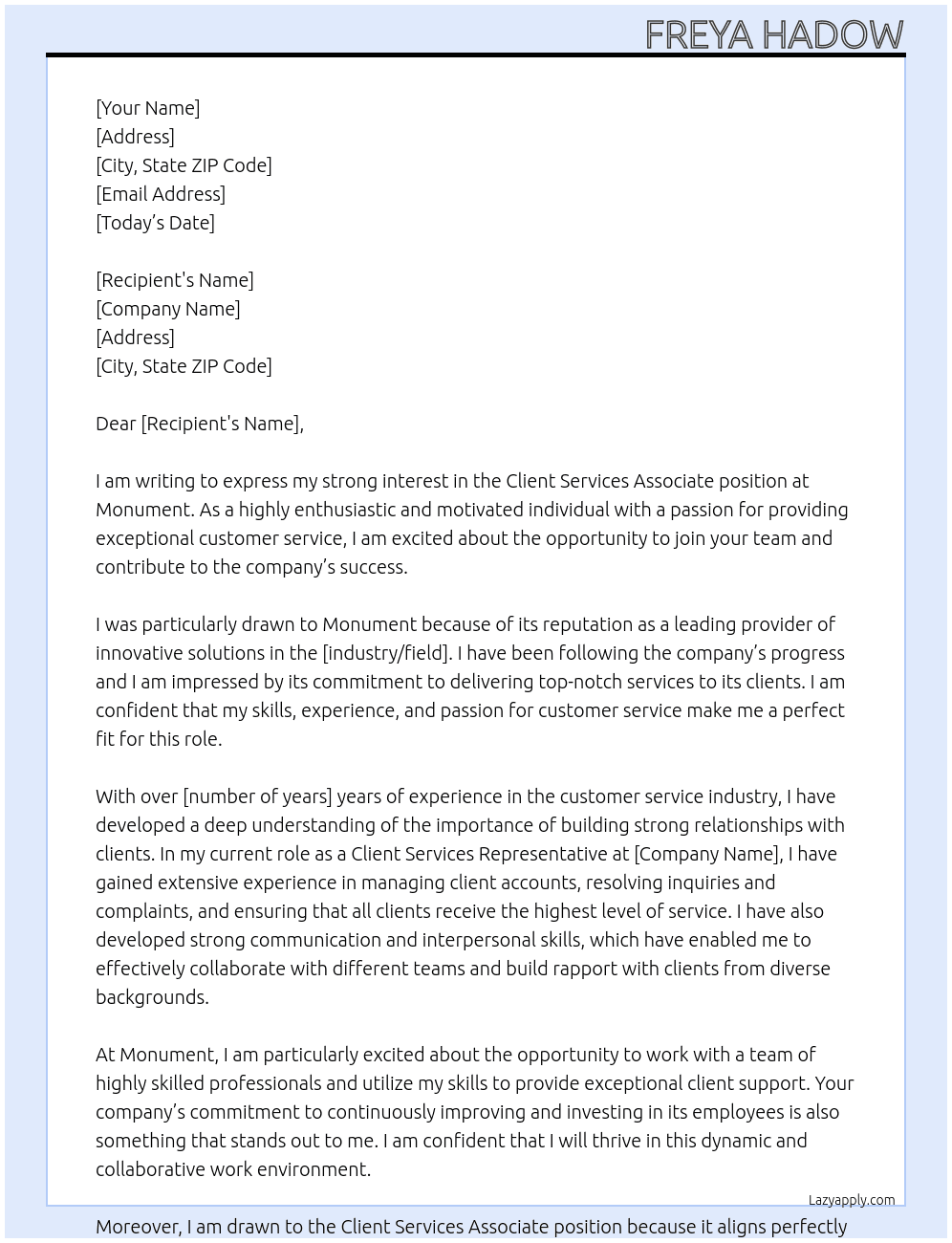 Client Services Associate At Monument Cover Letter
