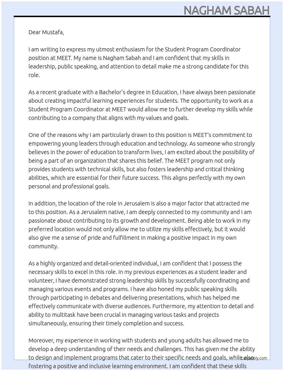 Student program coordinator  At MEET Cover Letter