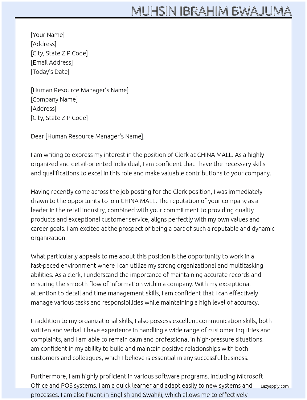 Clerk At CHINA MALL Cover Letter