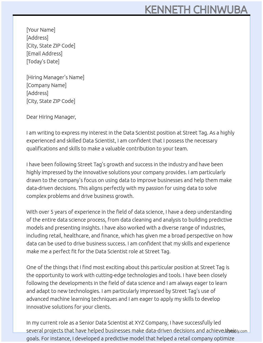 Data Scientist  At Street Tag  Cover Letter