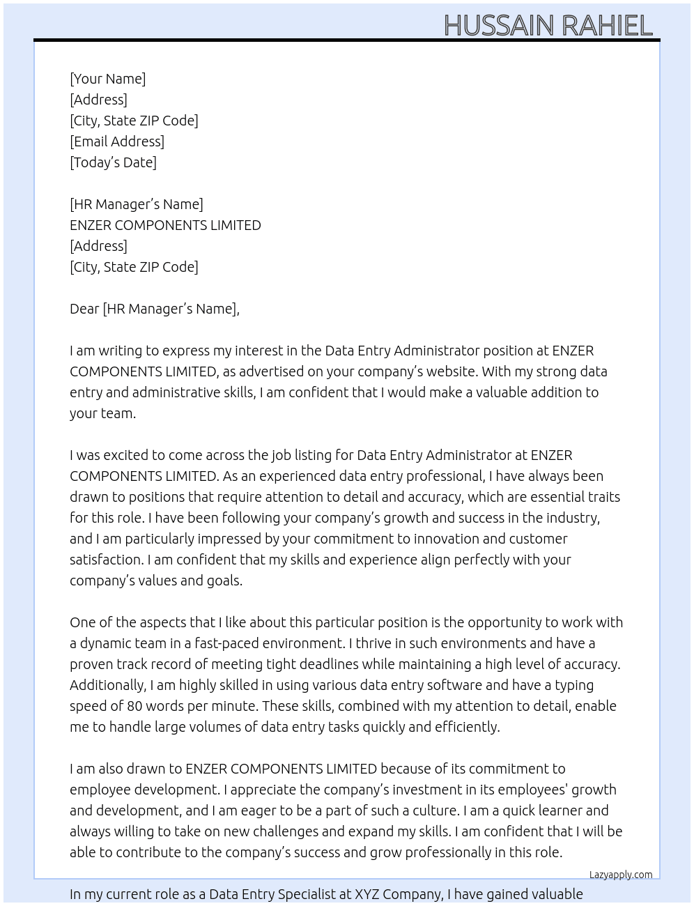 Data Entry Administrator At ENZER COMPONENTS LIMITED  Cover Letter