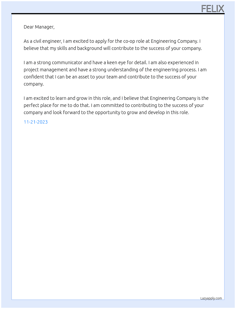 civil engineer At Engineering Company Cover Letter