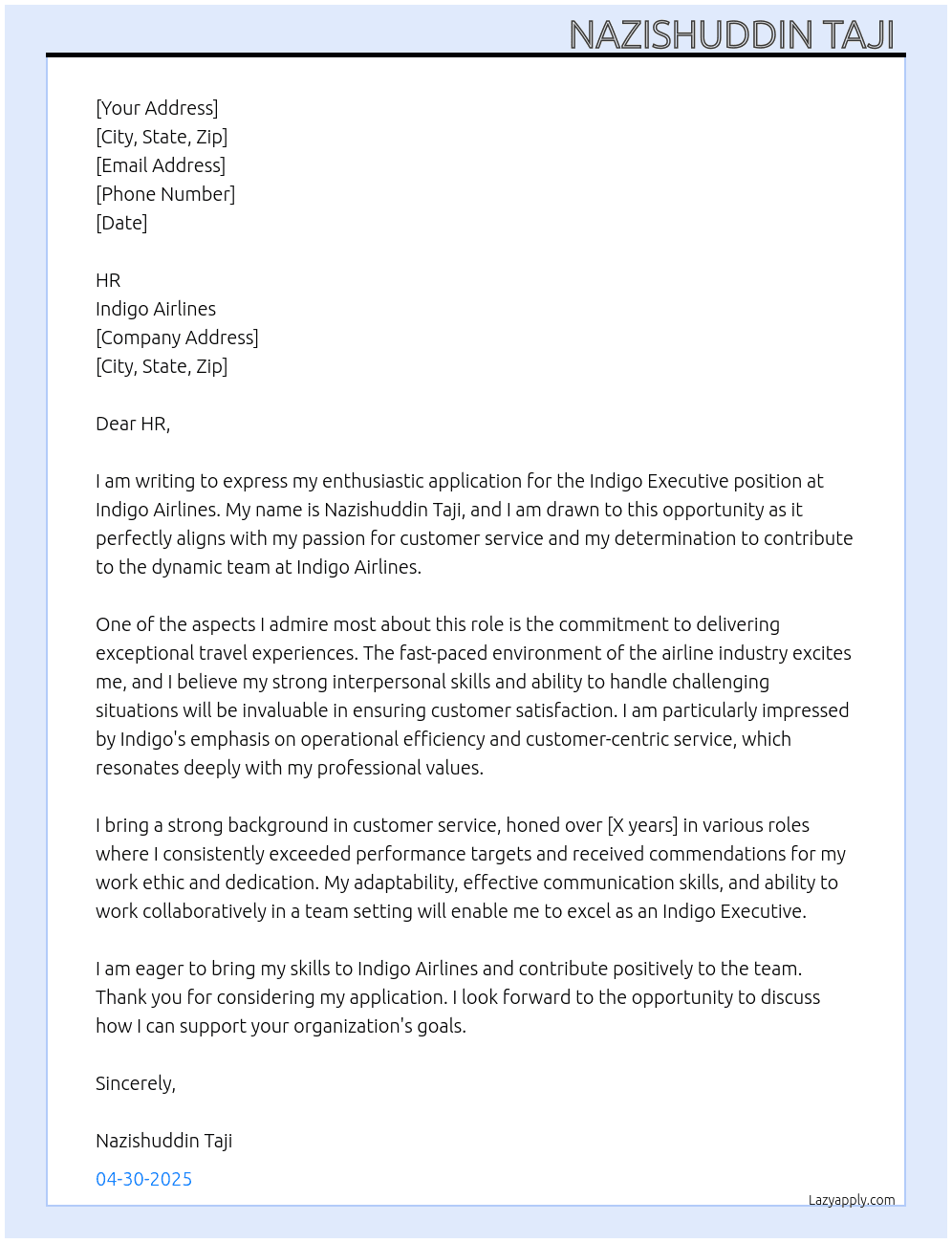 Cover letter for indigo excutive - LazyApply
