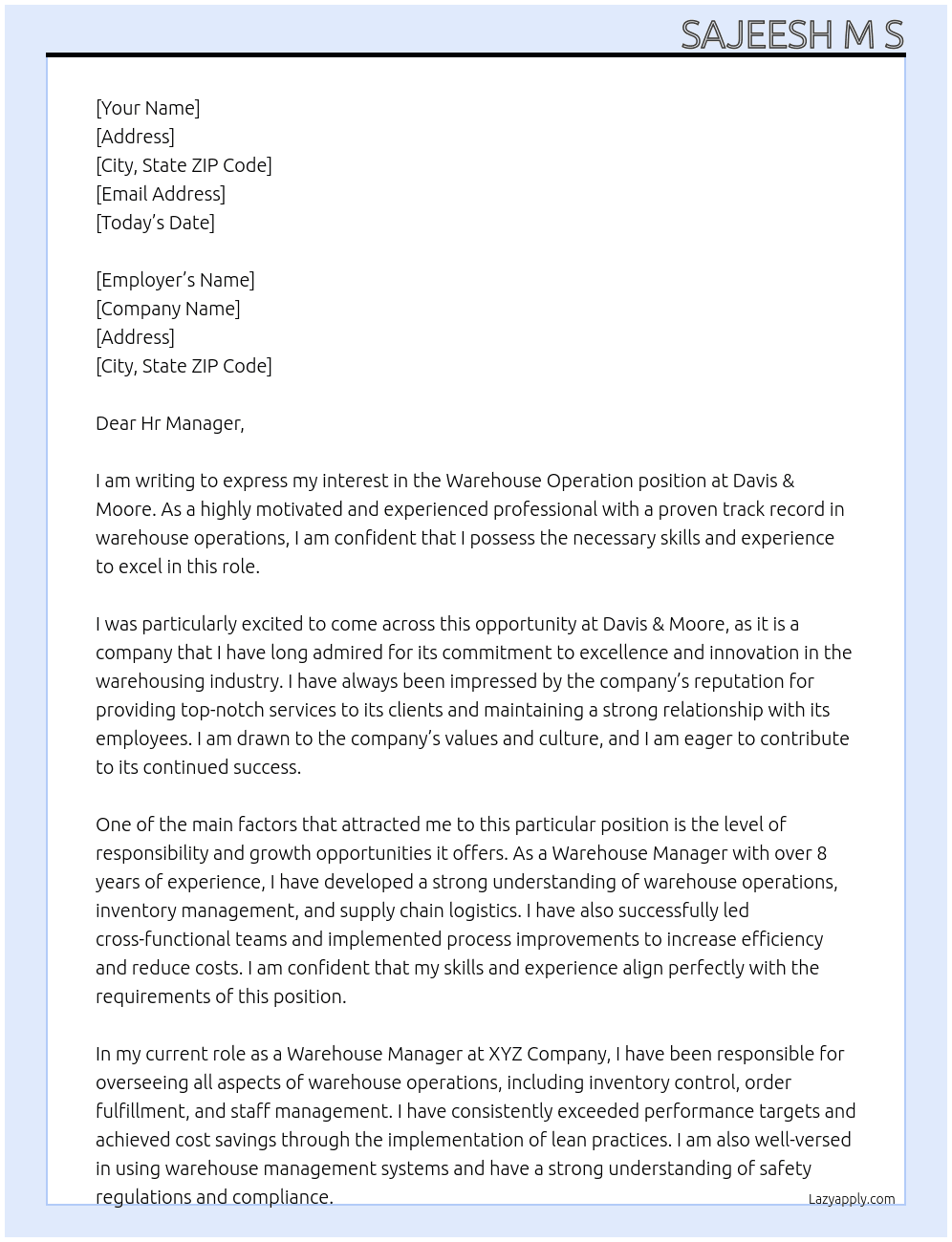 Warehouse Operation At Davis & Moore Cover Letter