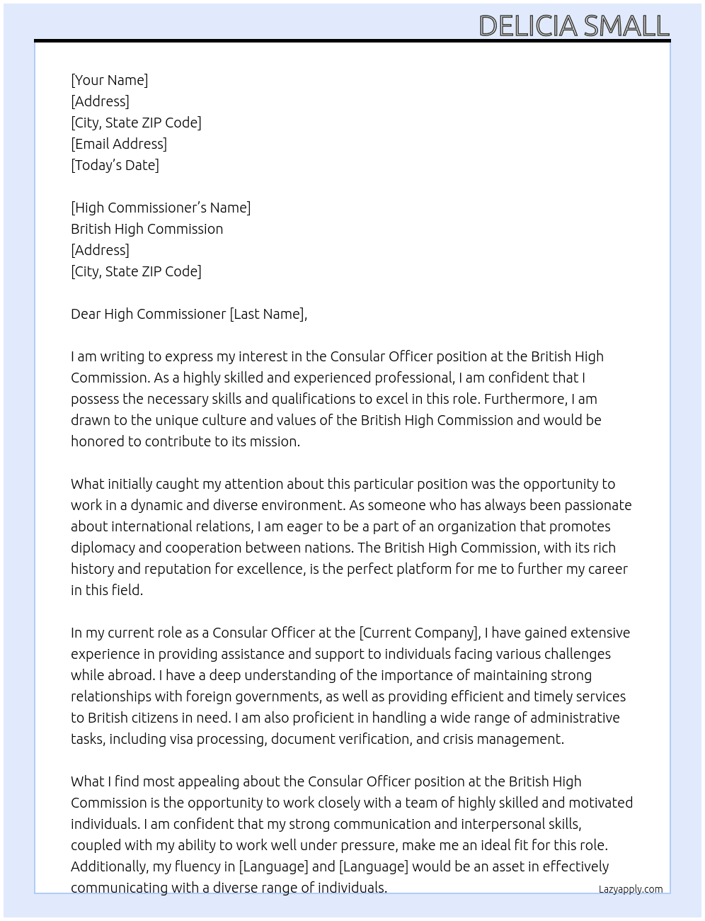 Consular Officer At British High Commission Cover Letter