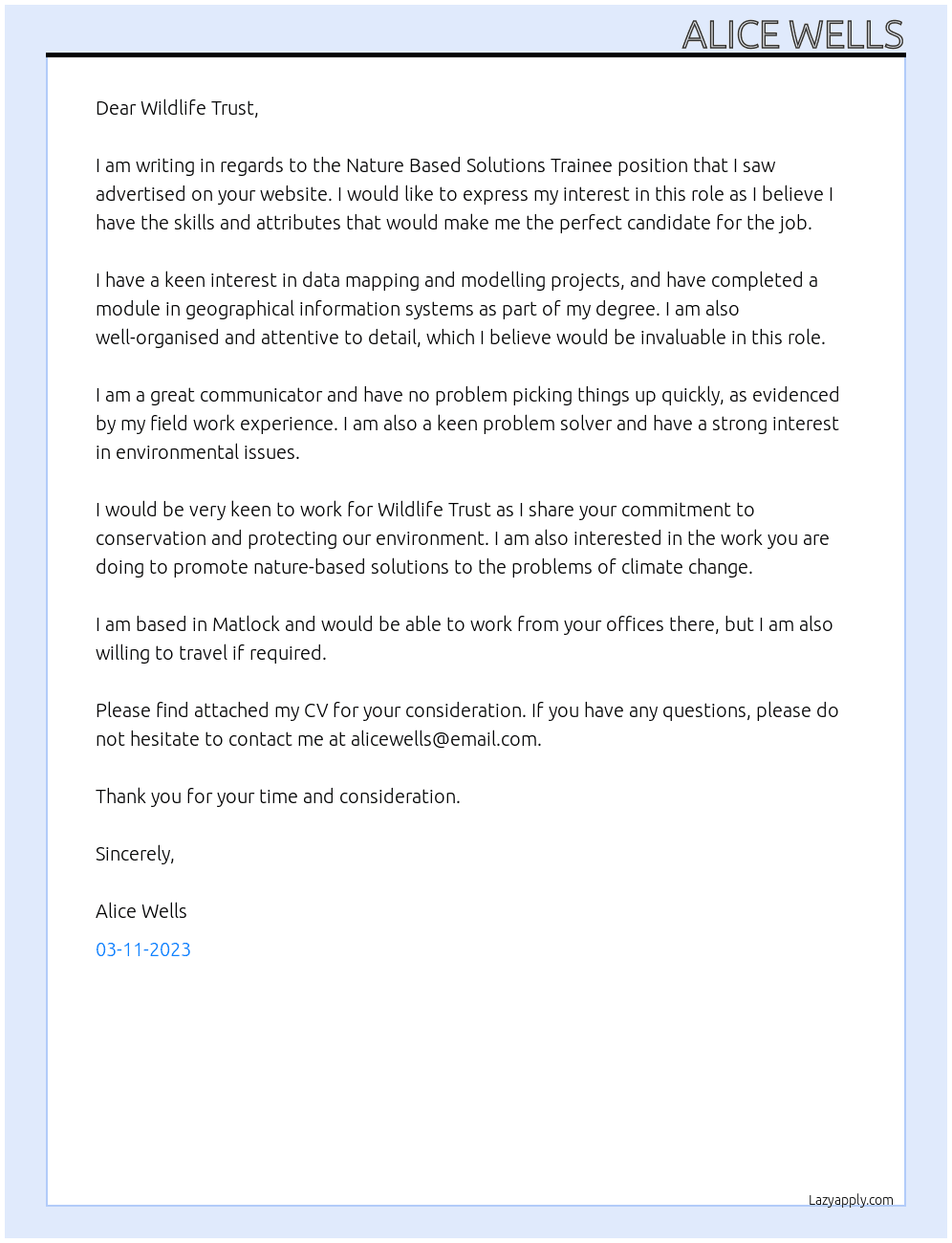 Nature Based Solutions Trainee At Wildlife Trust Cover Letter