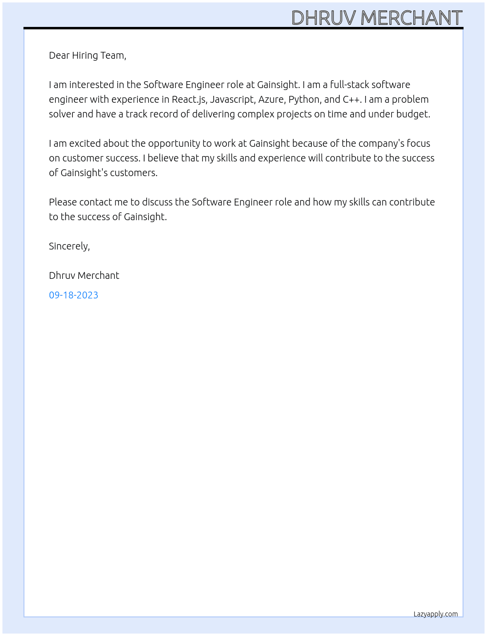 Software Engineer At Gainsight Cover Letter