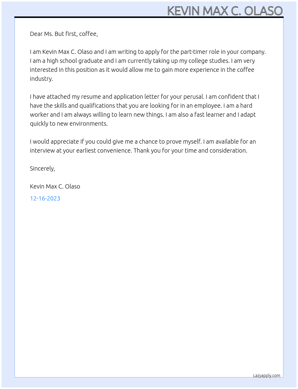 Staff At But first, coffee Cover Letter