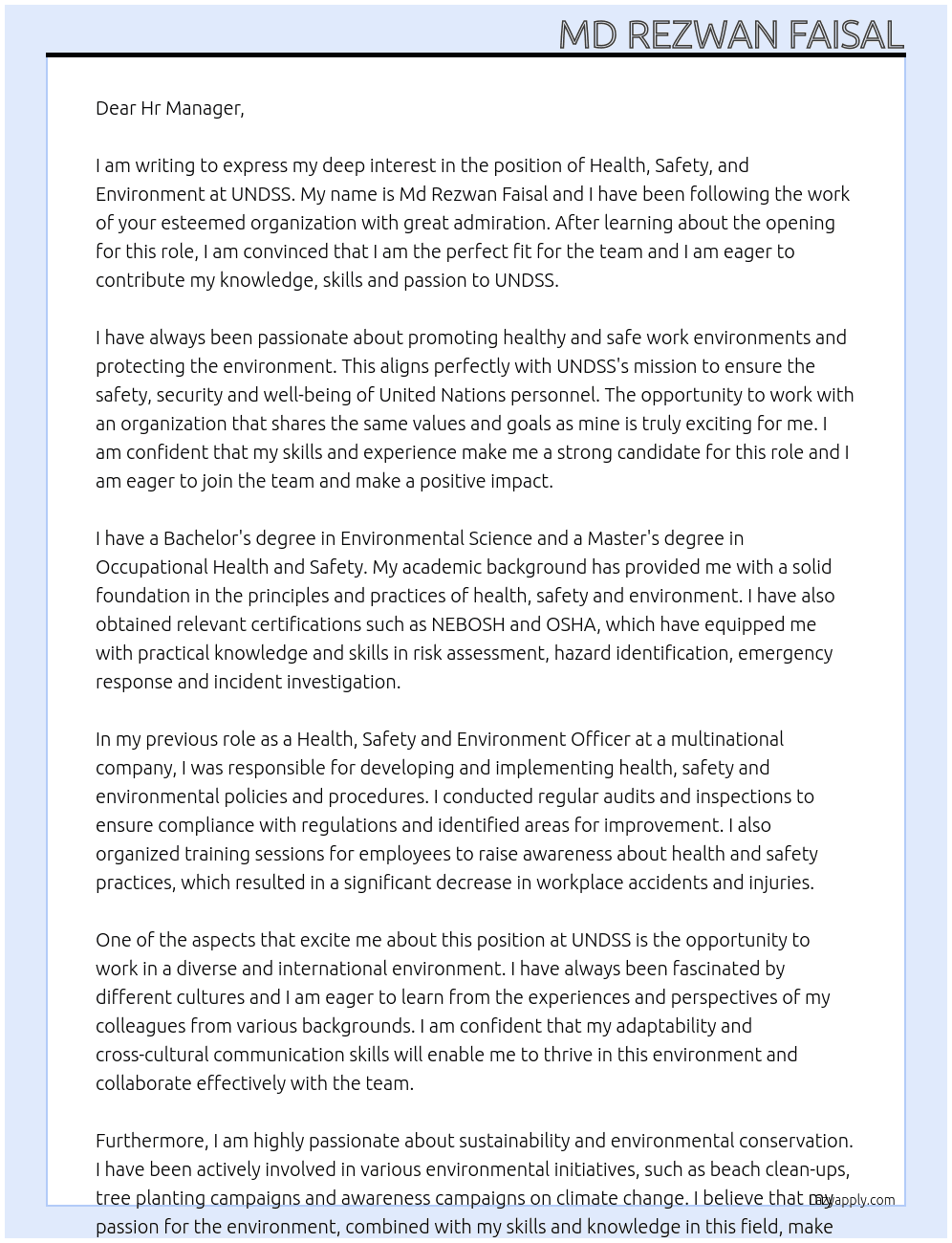 Health,Safety & Enviorment At UNDSS Cover Letter