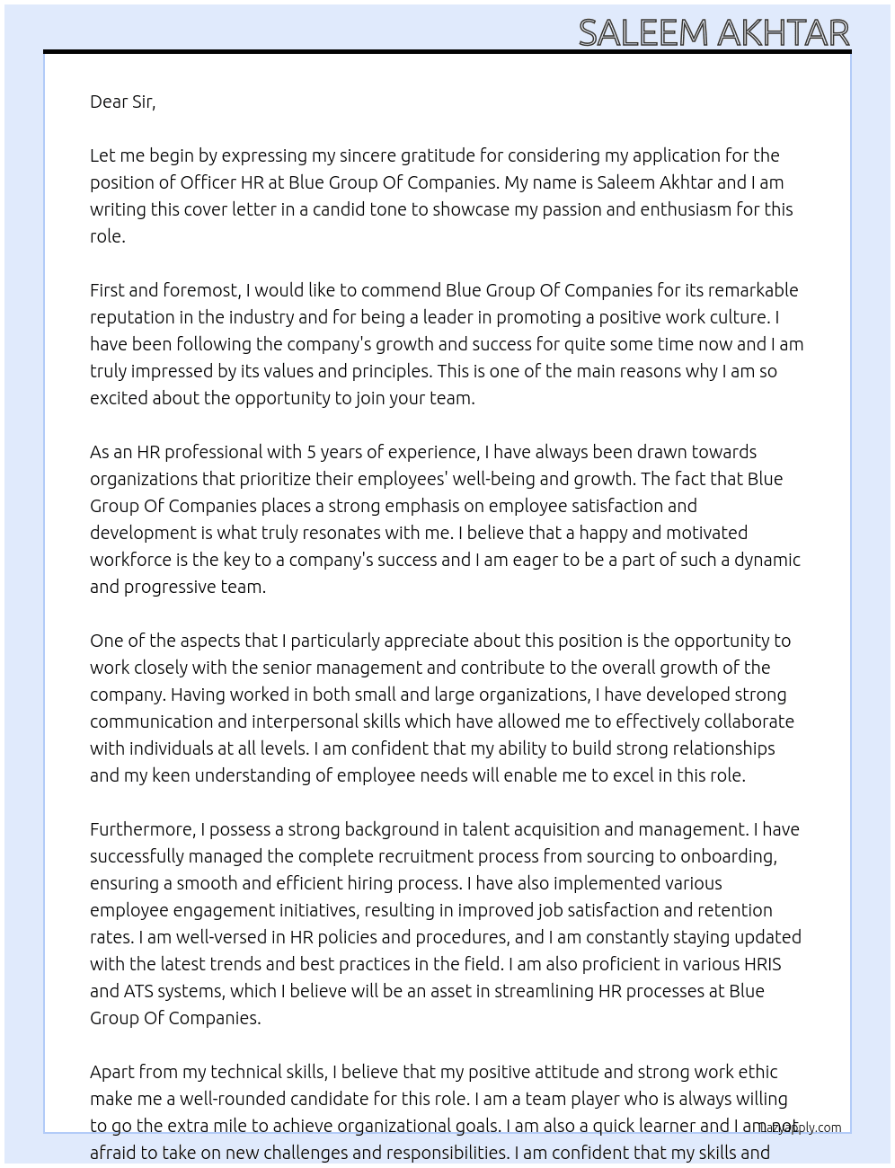 Officer HR At Blue Group Of Companies Cover Letter