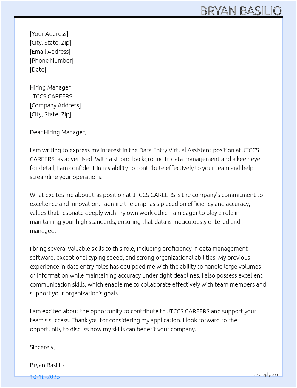 data entry virtual assistant At  JTCCS CAREERS Cover Letter