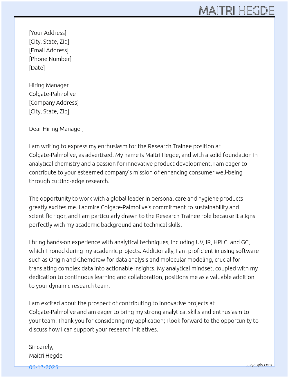 Research trainee At Colgate Palmolive Cover Letter