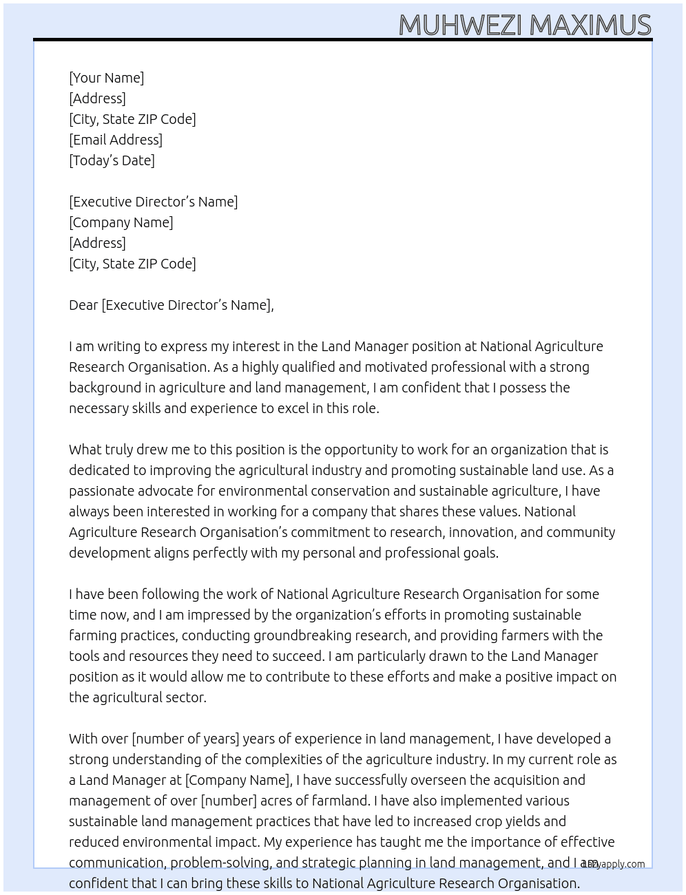 LAND MANAGER At NATIONAL AGRICULTURE RESEARCH ORGANISATION Cover Letter