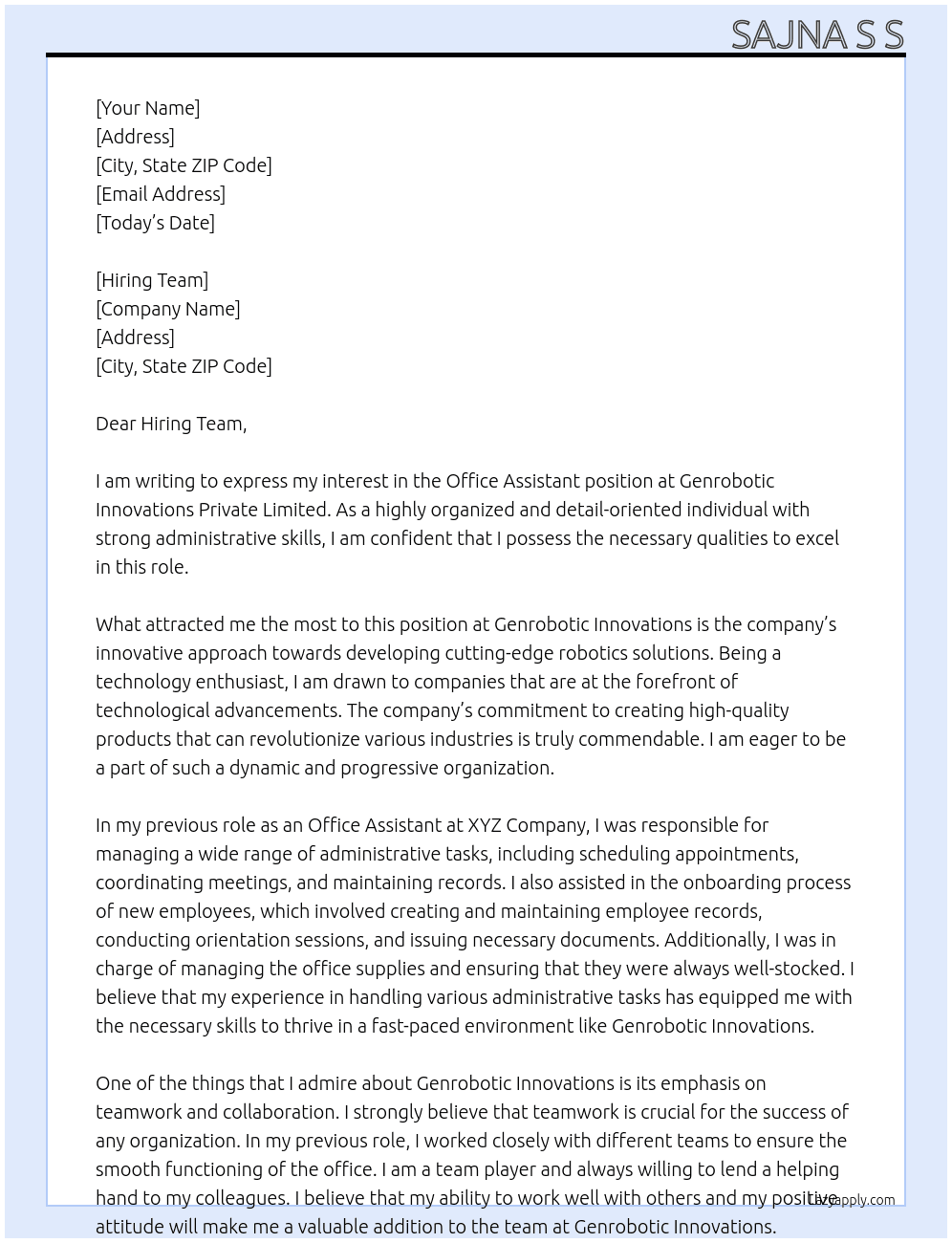 Office Assistant  At Genrobotic Innovations private limited  Cover Letter