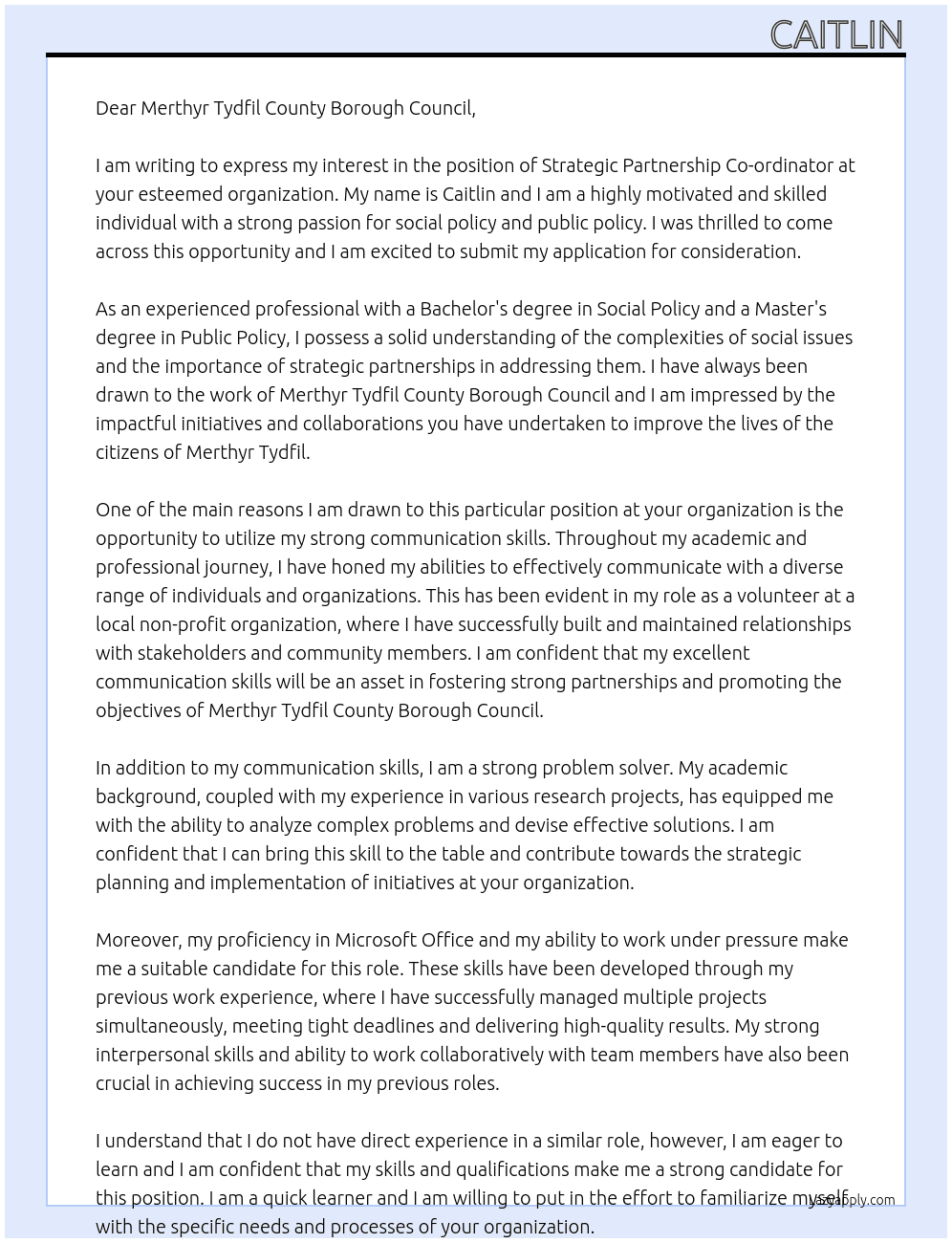 Strategic Partnership Co-ordinato At merthyr tydfil county borough council Cover Letter