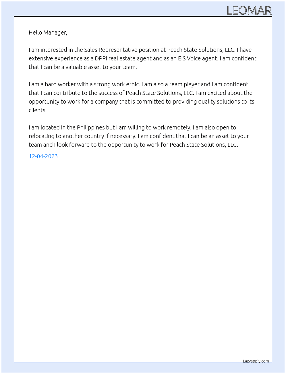 Sales Representative At Peach State Solutions, LLC Cover Letter
