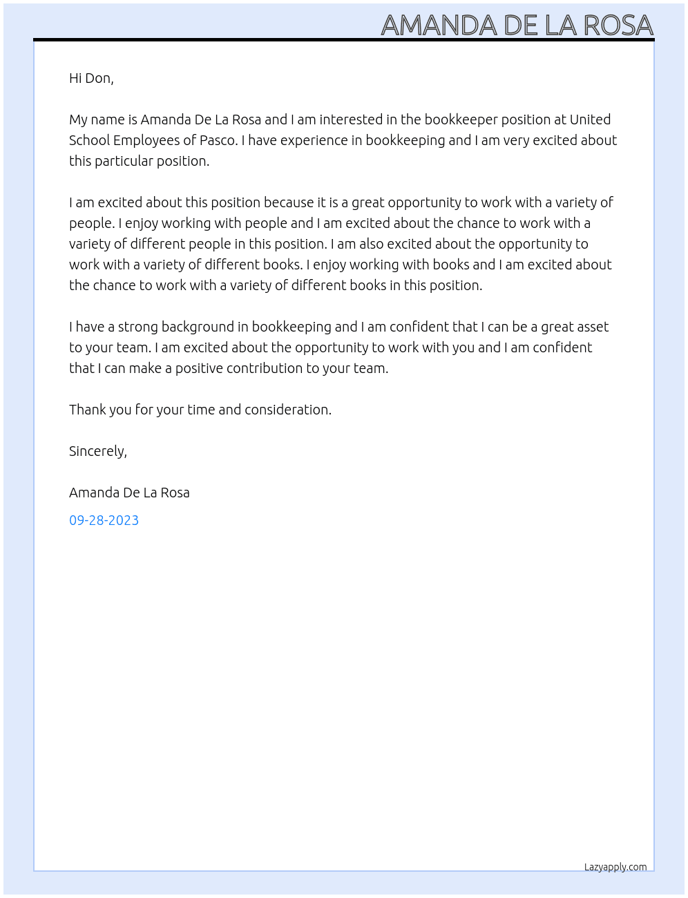 Bookkeeper At United School Employees of Pasco Cover Letter