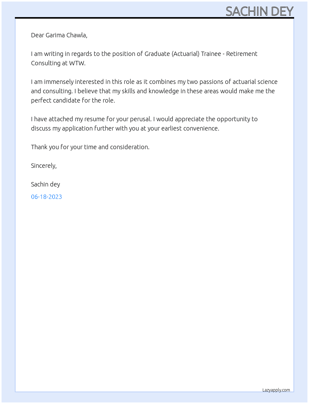 Graduate (Actuarial) Trainee - Retirement Consulting At WTW Cover Letter
