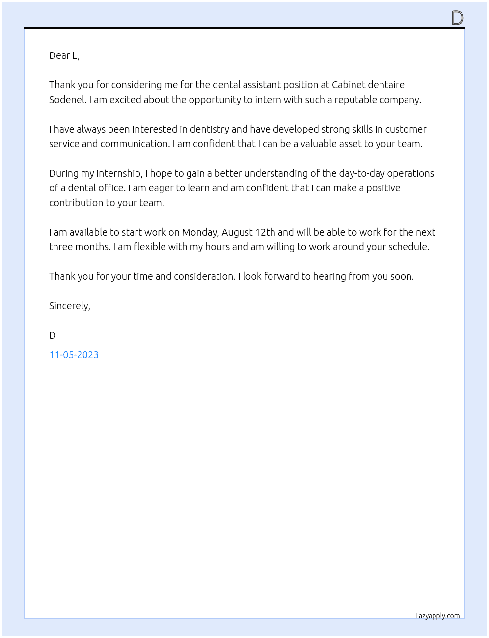 dental assistant At Cabinet dentaire Sodenel Cover Letter