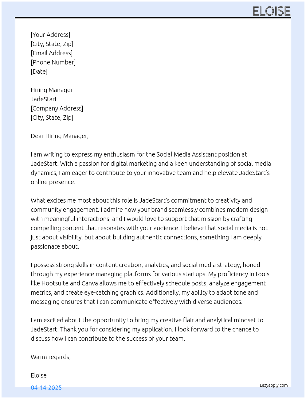 Social Media Assistant At JadeStart Cover Letter