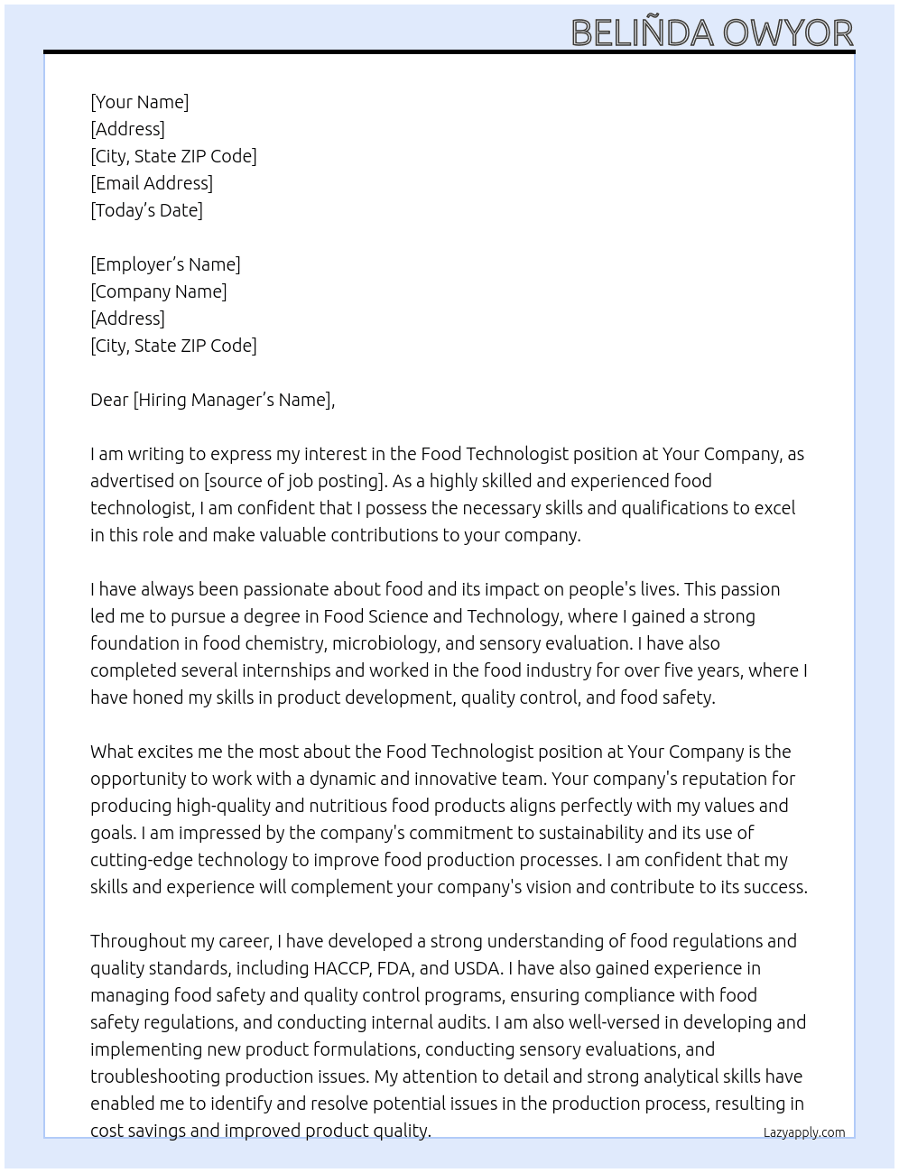 Food technologist  At Your company Cover Letter