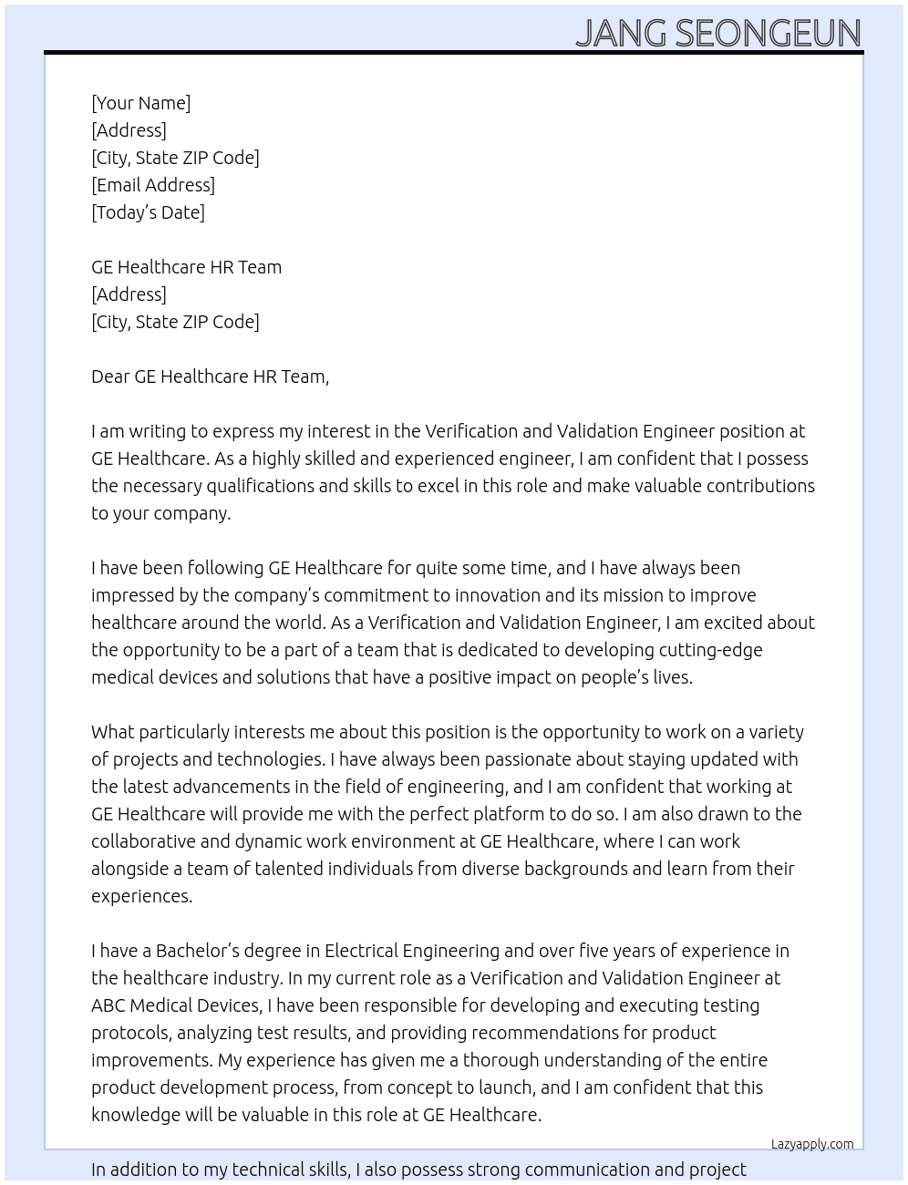Verification and Validation Engineer At GE Healthcare Cover Letter