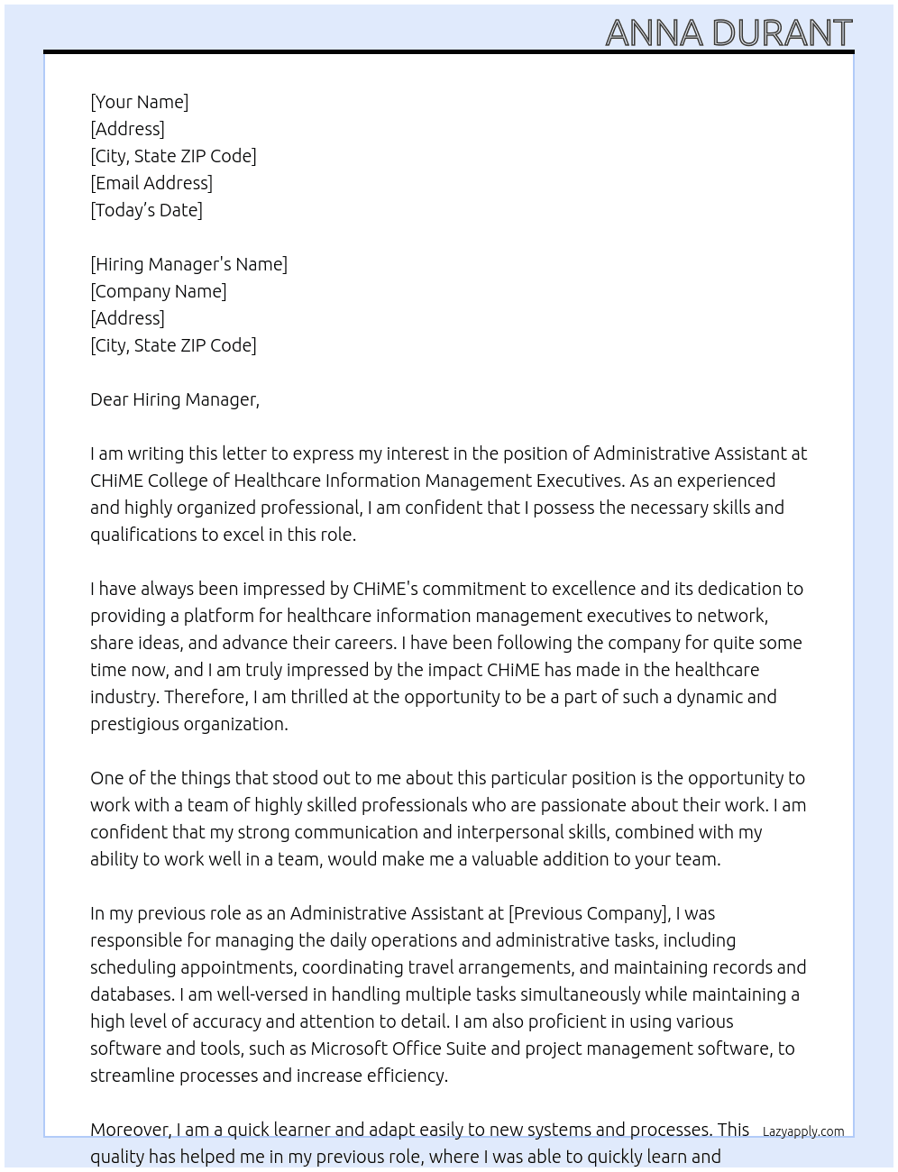 Administrative Assistant At CHiME College of Healthcare Information Management Executives Cover Letter