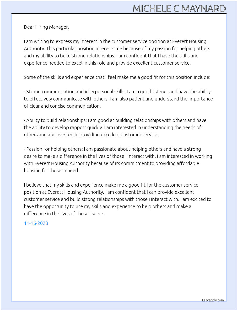 customer service At Everett Housing Authority Cover Letter