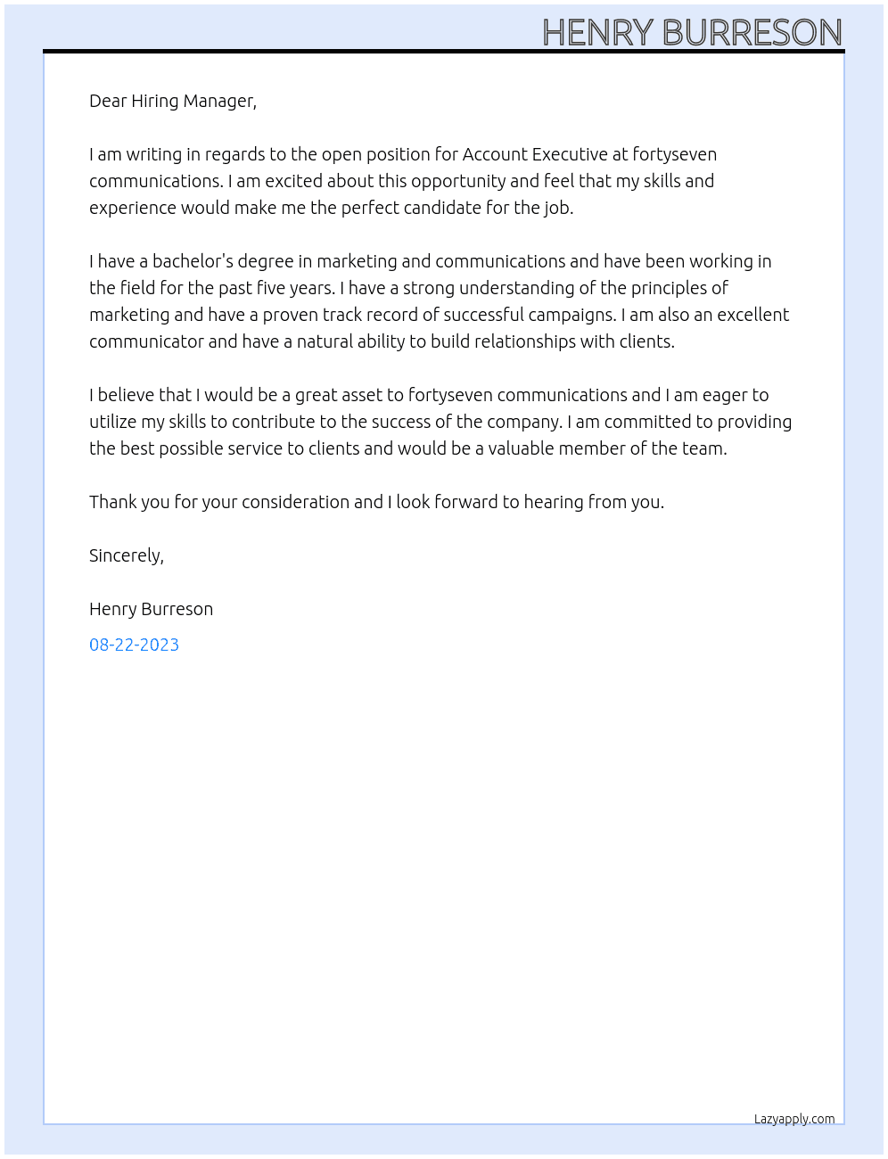 Account Executive At fortyseven communications  Cover Letter