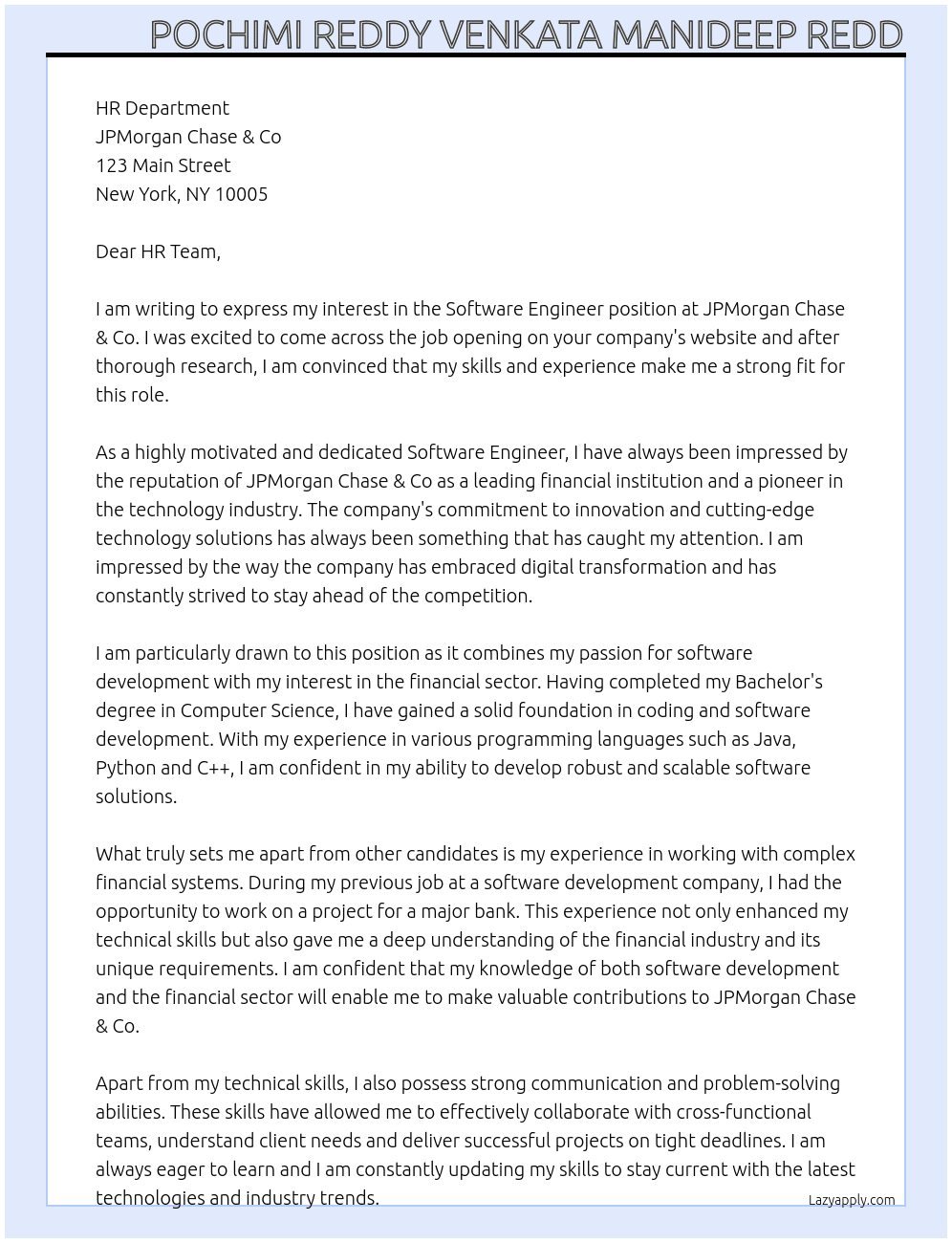 Software Engineer At JPMorgan Chase & Co logo Cover Letter