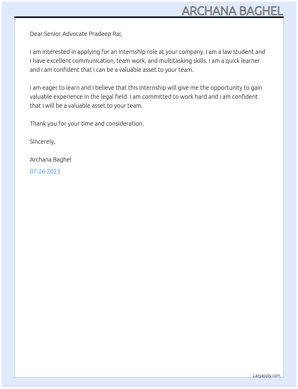 Internship At Legal intern Cover Letter