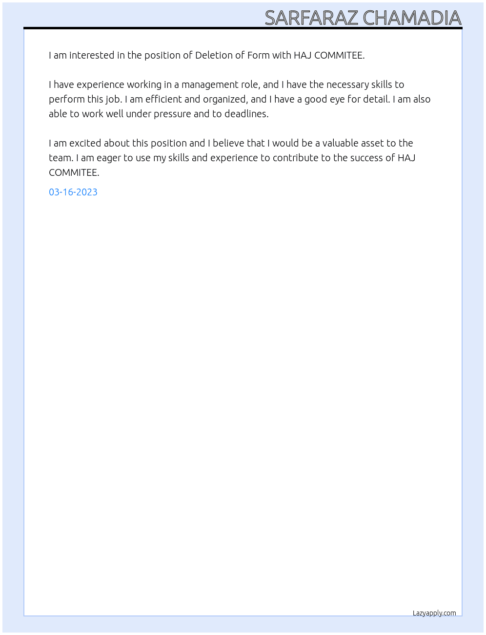 Deletion of Form At HAJ COMMITEE Cover Letter