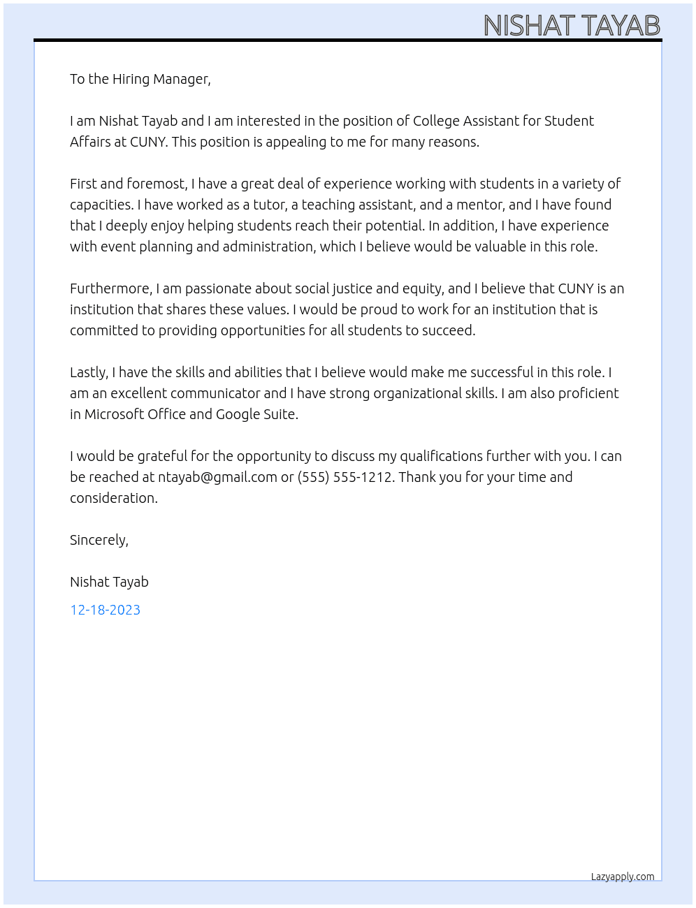 College Assistant - Student Affairs At CUNY Cover Letter