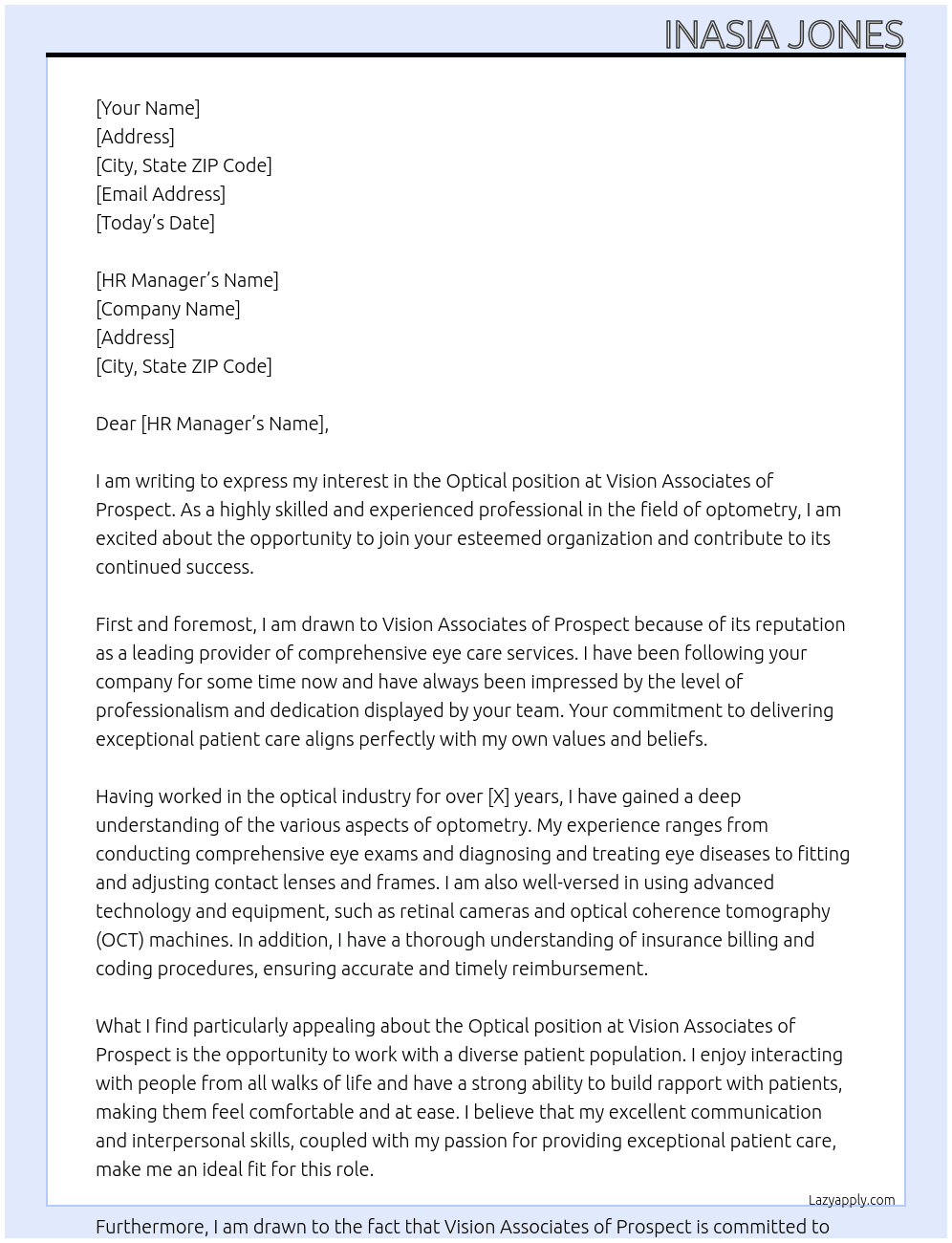 Optical At Vision Associates of Prospect Cover Letter