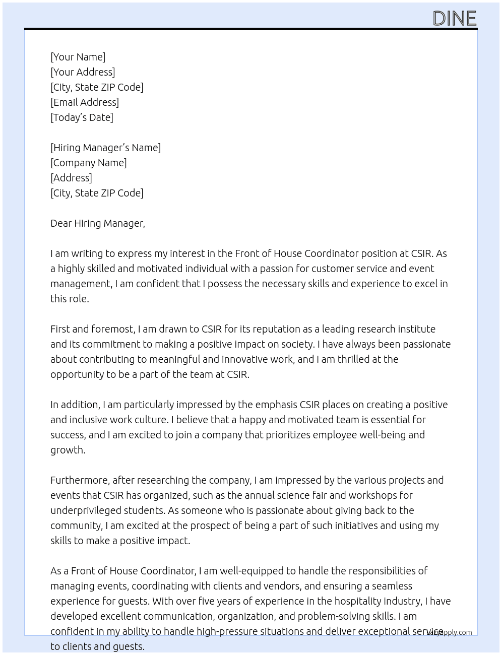 front of house coordinator At CSIR Cover Letter
