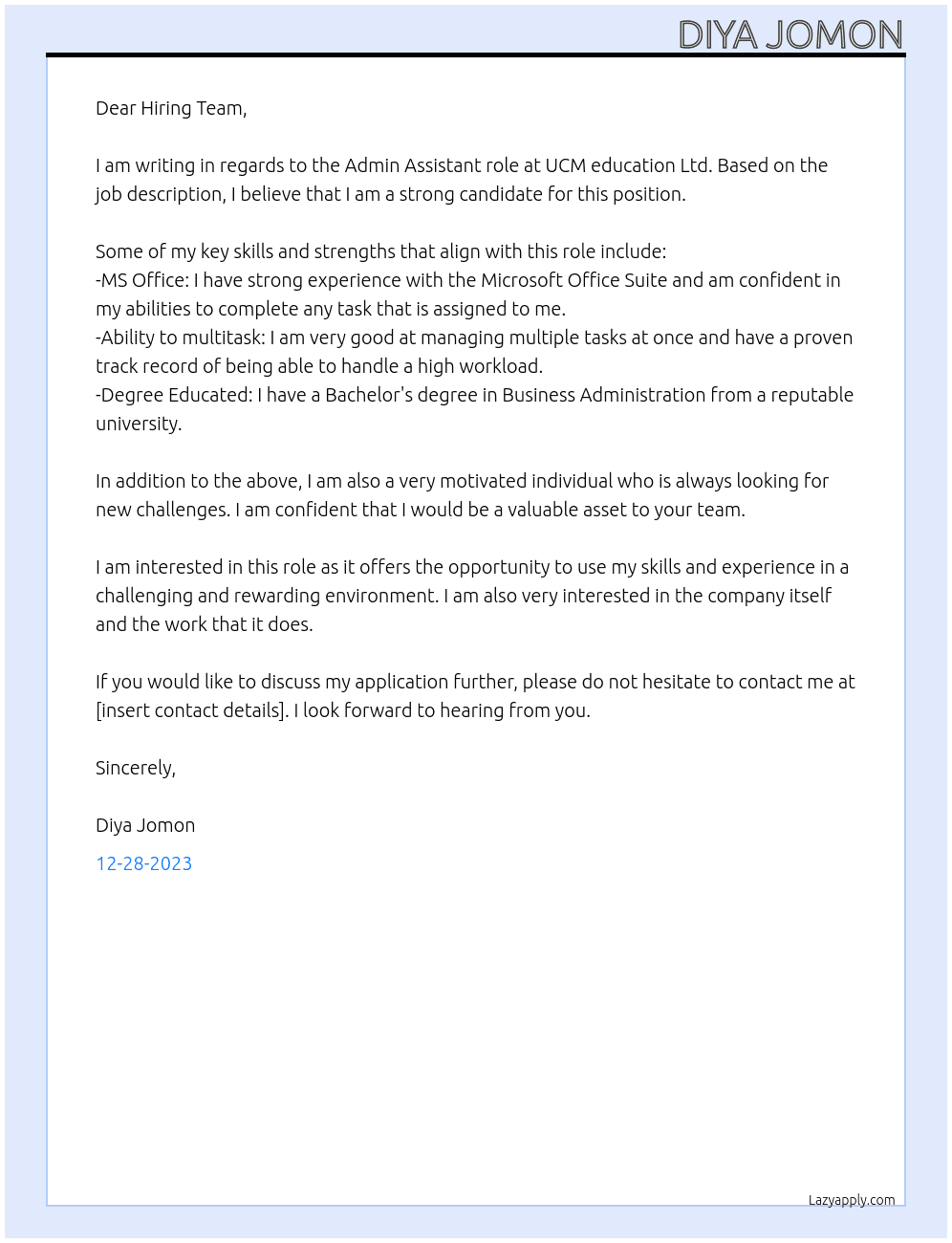 Admin Assistant  At UCM education Ltd  Cover Letter