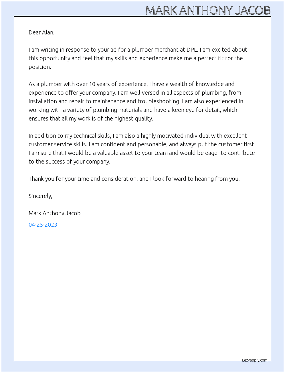 Plumber merchant  At DPL Cover Letter