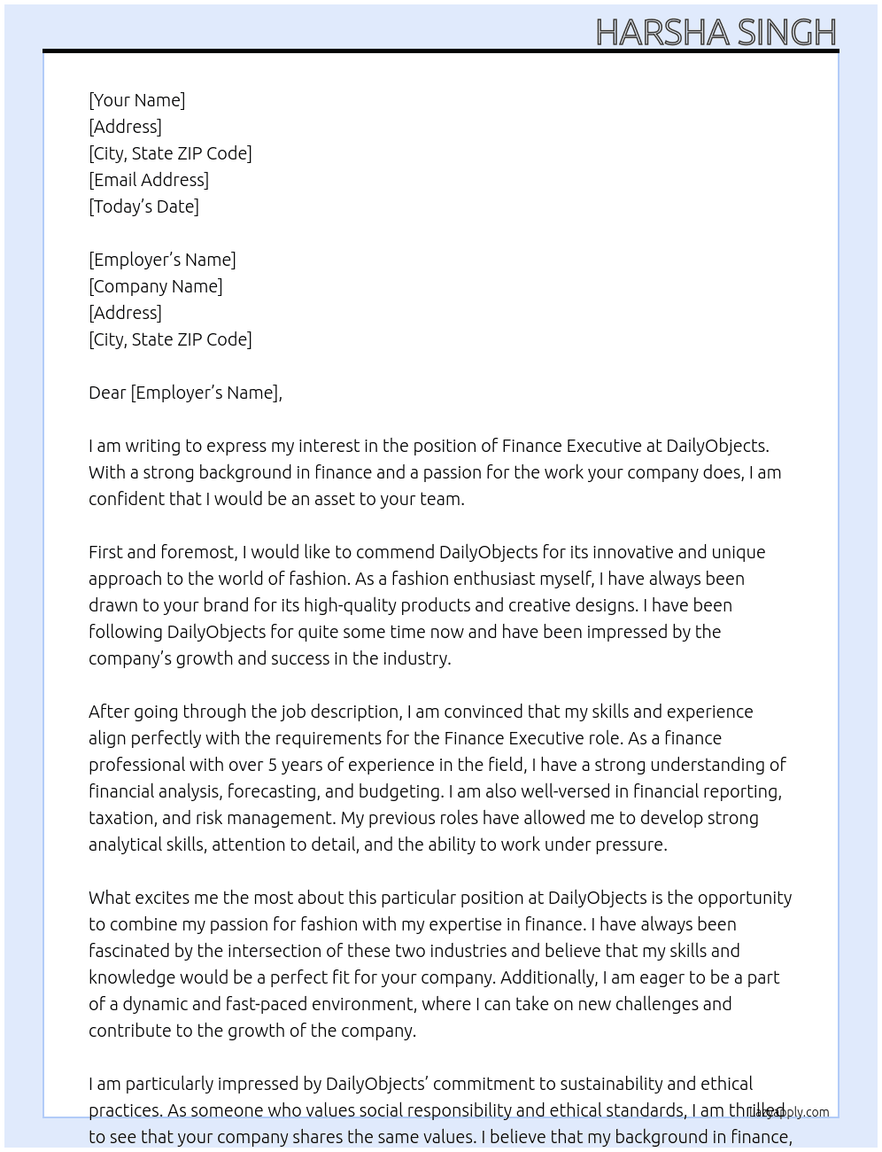 Finance eXECUTIVE At DailyObjects Cover Letter