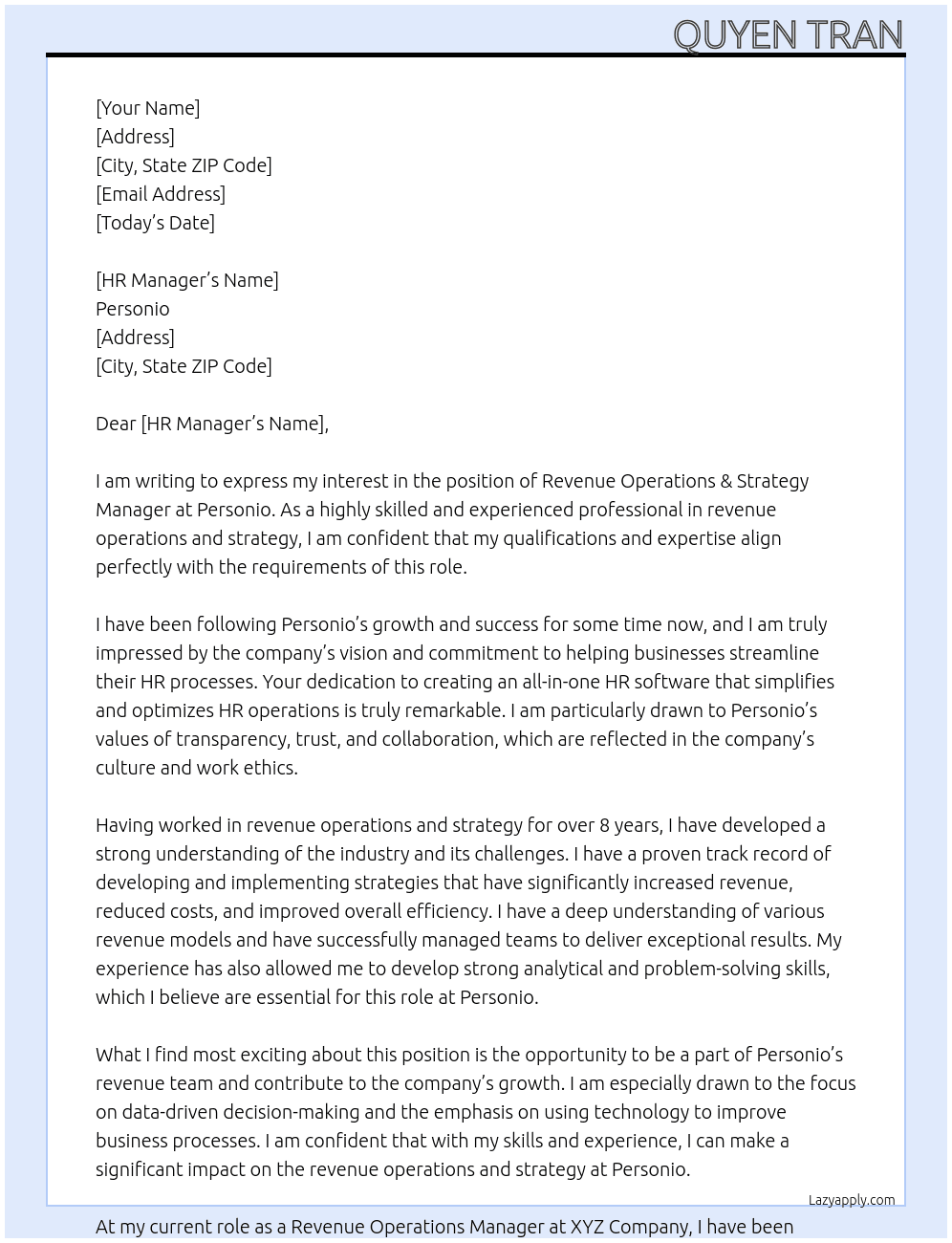 Revenue Operations & Strategy Manager At Personio Cover Letter