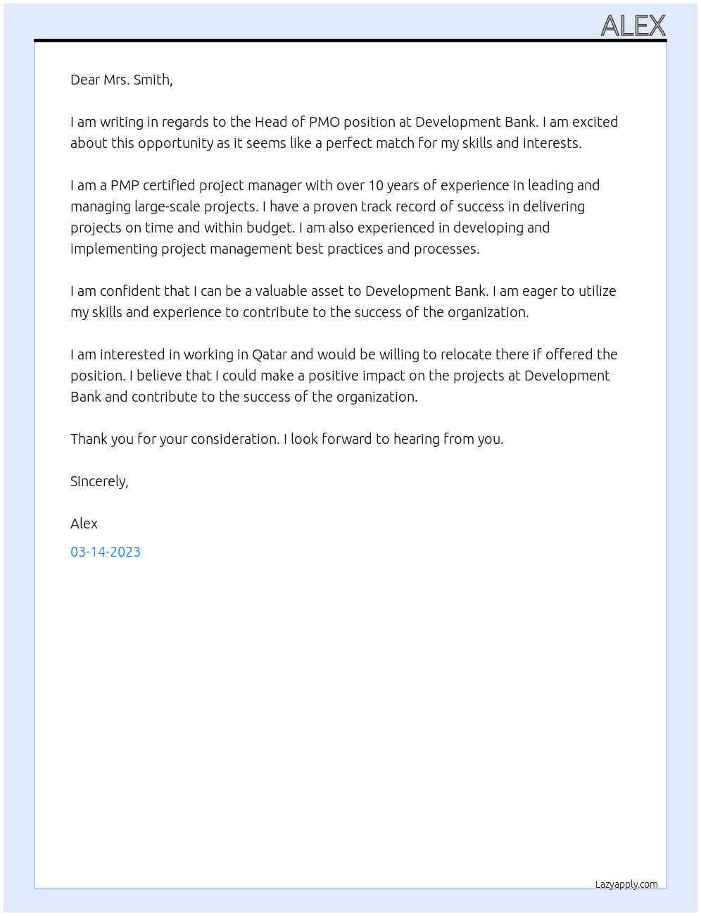 Head of PMO At Development Bank Cover Letter