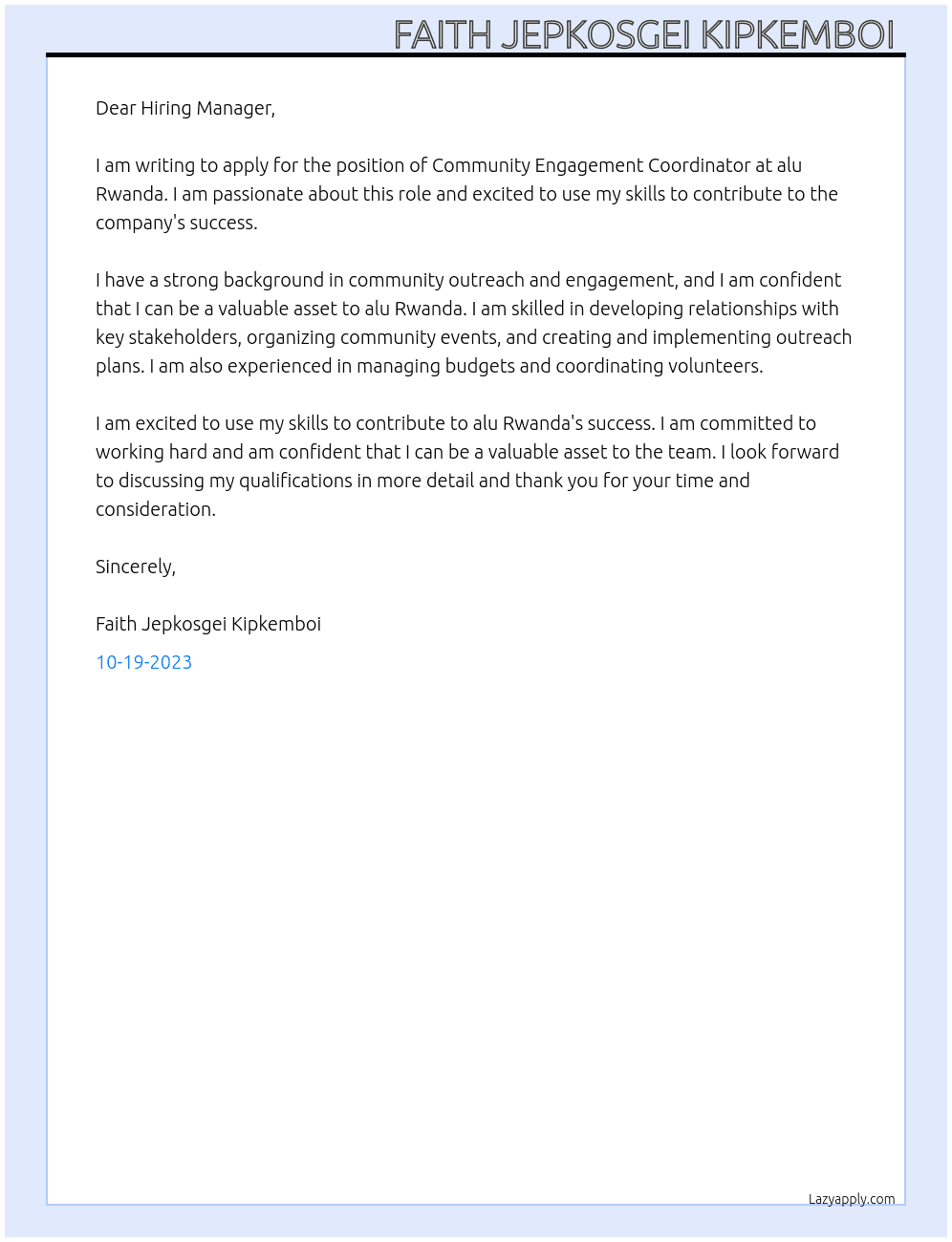 Community Engagement Coordinator At alu rwanda Cover Letter