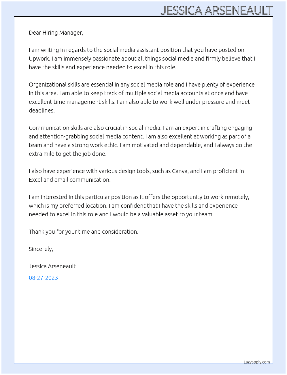 Social media assistant  At Upwork Job offer Cover Letter