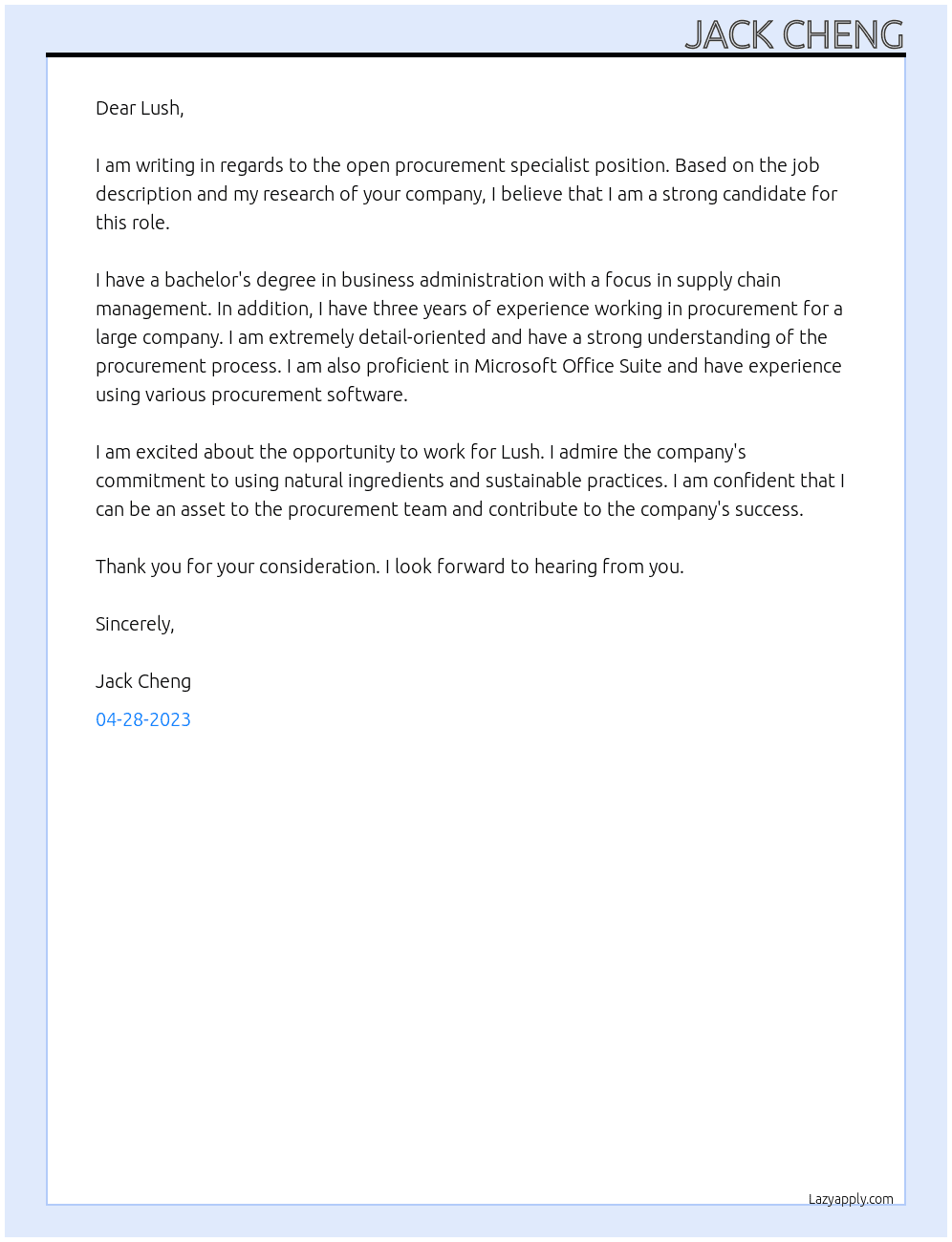 Procurement specialist At Lush Cover Letter