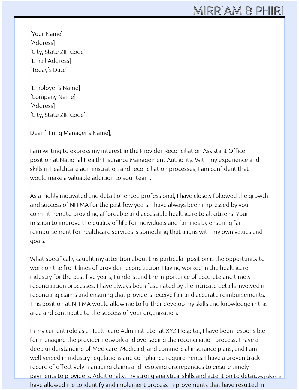 provider reconciliation assistant officer At National Health Insurance Management Authority Cover Letter