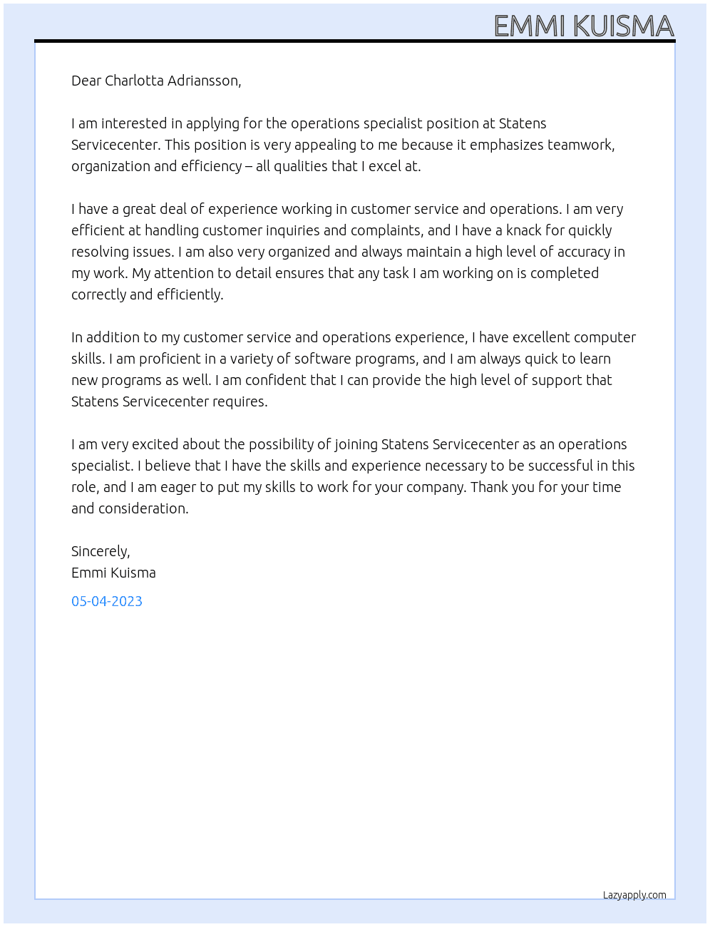 Operations specialist At Statens Servicecenter Cover Letter