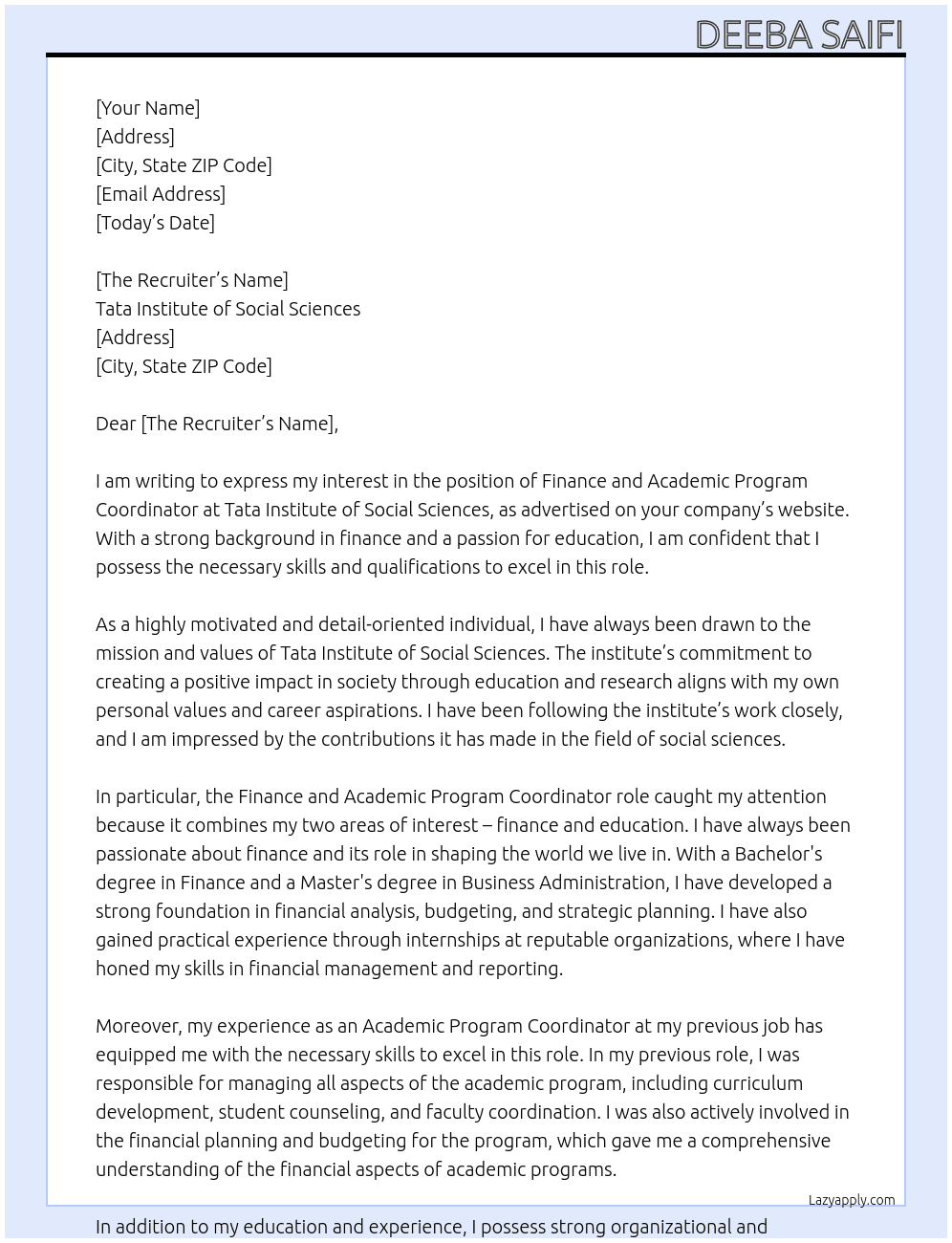Finance and Academic Program Coordinator At Tata Institute of Social Sciences Cover Letter