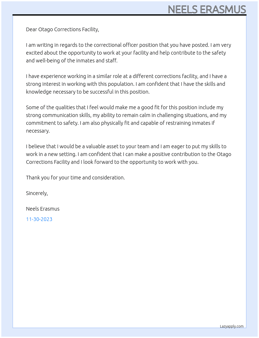 Correctional officer  At Otago corrections facility  Cover Letter