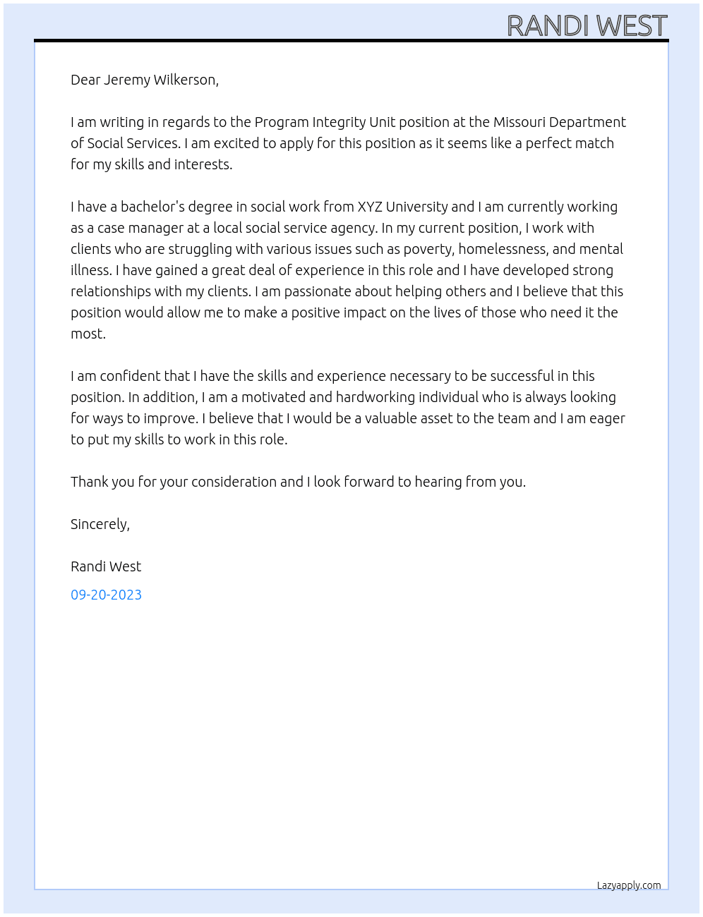 Program Integrity Unit At Missouri Department of Social Services Cover Letter